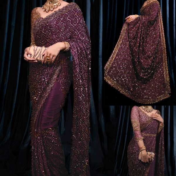 Sequins Embroidered Dark Maroon Heavy Organza Saree for Diwali Party