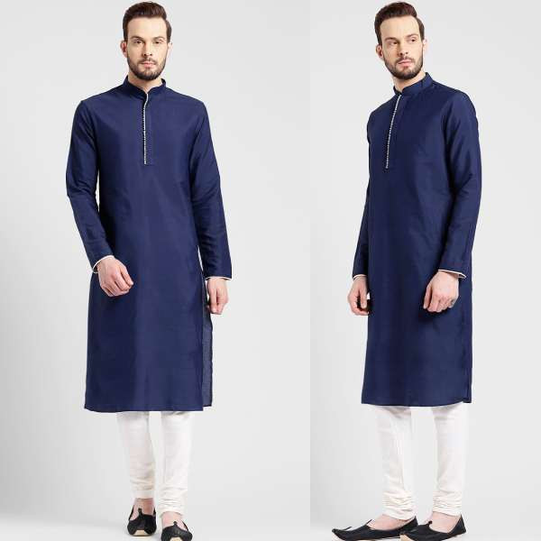 Dark Blue Cotton Men's Kurta With Churidar for Wedding & Party