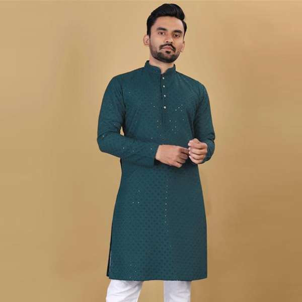 Cotton Teal Blue Embroidered Straight Cut Men's Kurta Pajama