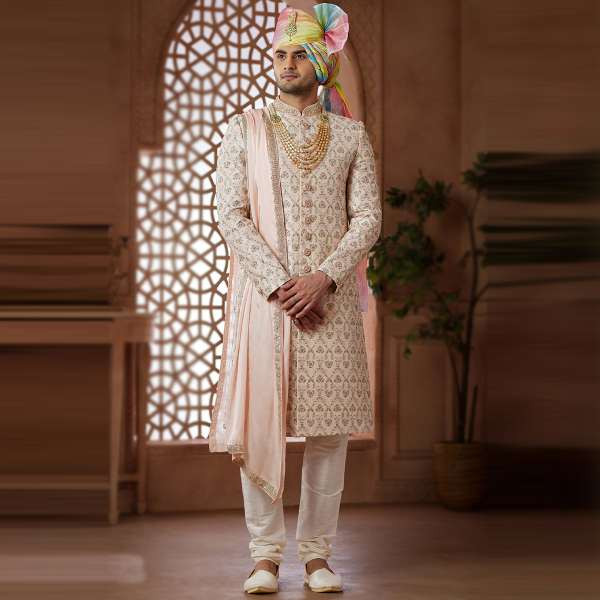 Light Peach Embroidered Art Silk Straight Cut Men's Sherwani