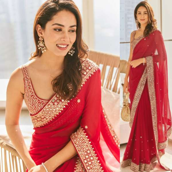 Embroidered Georgette Cherry Red Light Weight Saree for Diwali Party