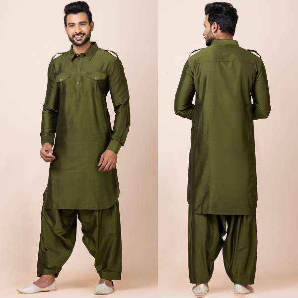 Olive Green Silk Straight Cut Pathani Men's Kurta With Salwar