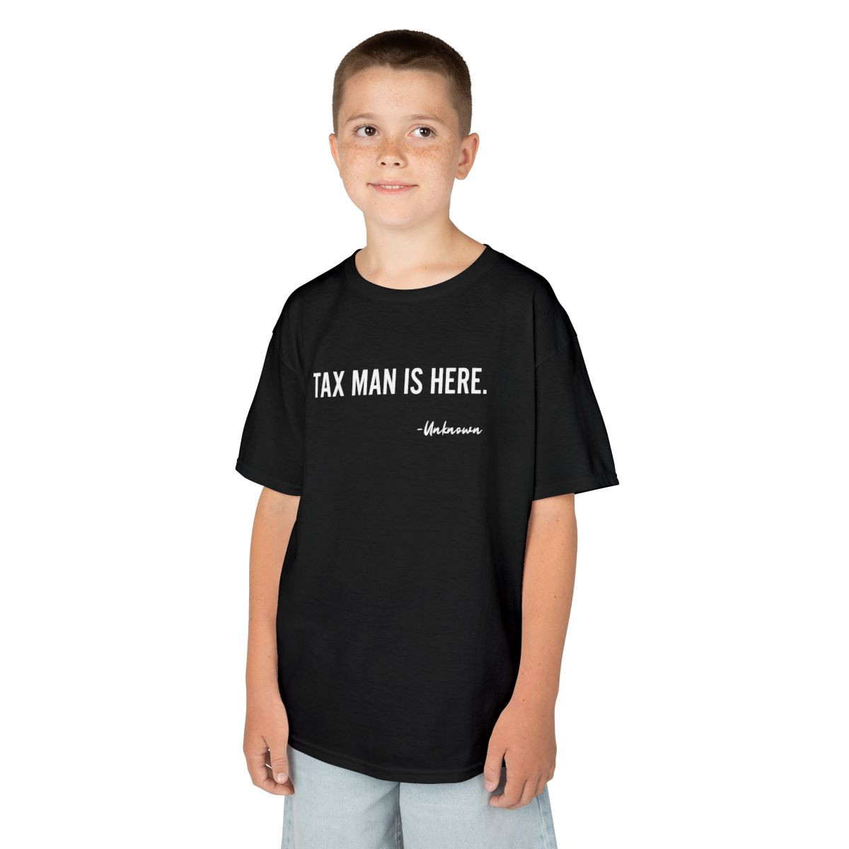 Kids Tee — "Tax Man Is Here" Funny Retirement Joke Shirt (Back: "I'm Not Avoiding Retirement, I'm Suspense-Building")