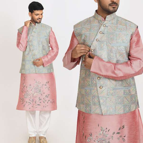 Light Pink Dupion Silk Printed Men's Jacket Style Kurta Pajama