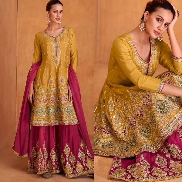 Mustard Yellow Chinnon Embroidered Palazzo Suit