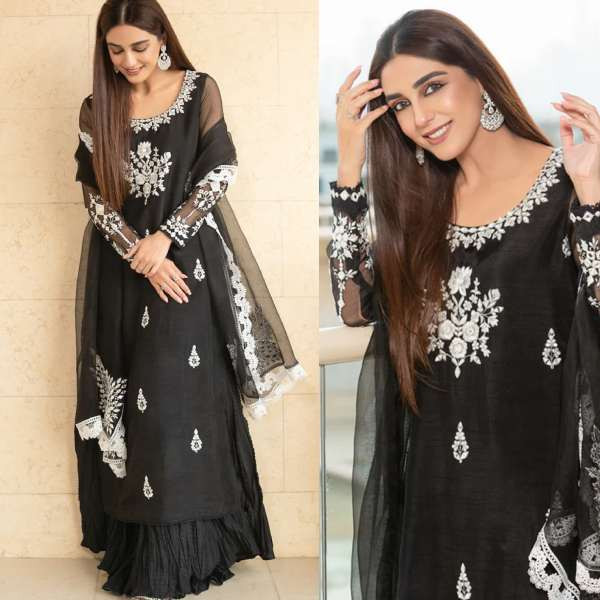 Black Silk Sharara Suit with Mirror Work for Eid